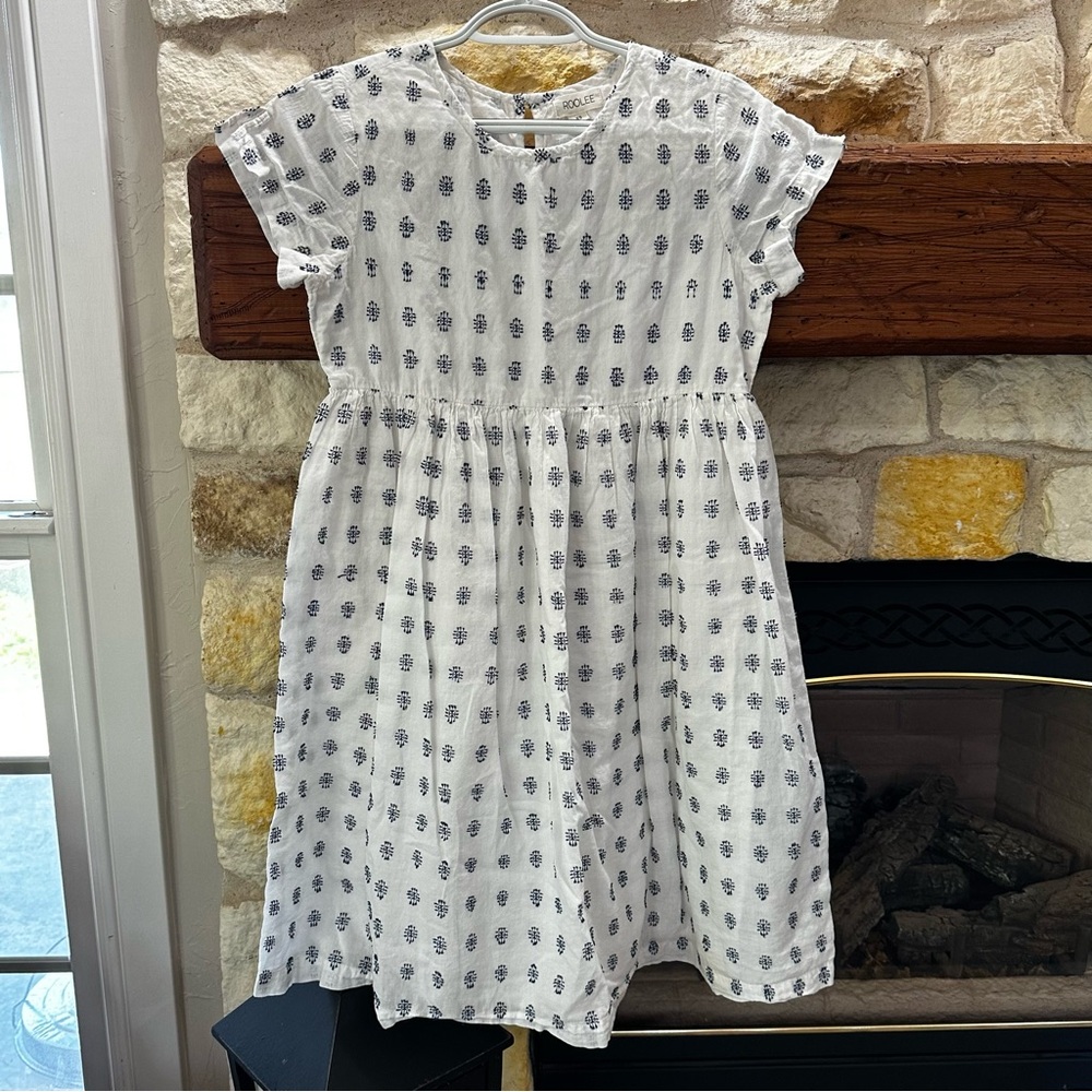 Big Kids White & Blue Casual Dress 100% Cotton Size X Small By Roolee